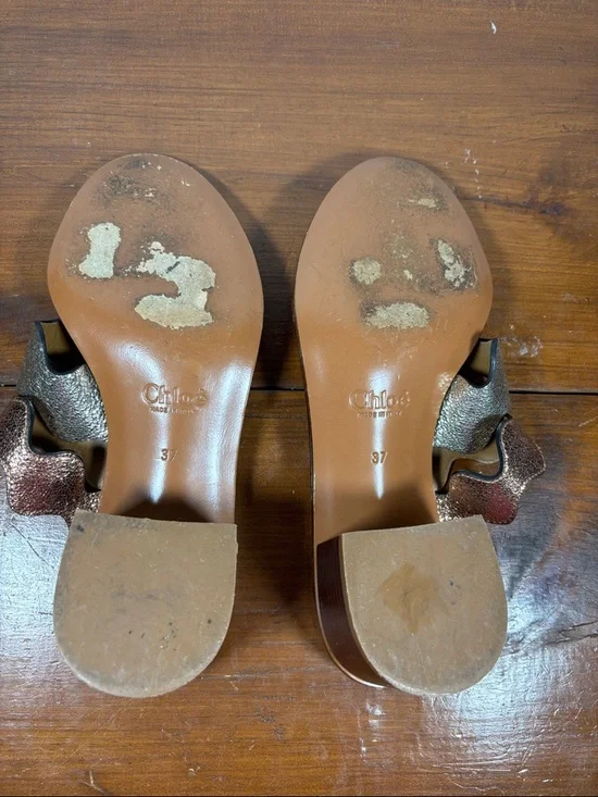 Chloé Metallic Wave Strap Leather Slide Heels Sandals Woman Size 37 earthy Tone - Picture 16 of 16